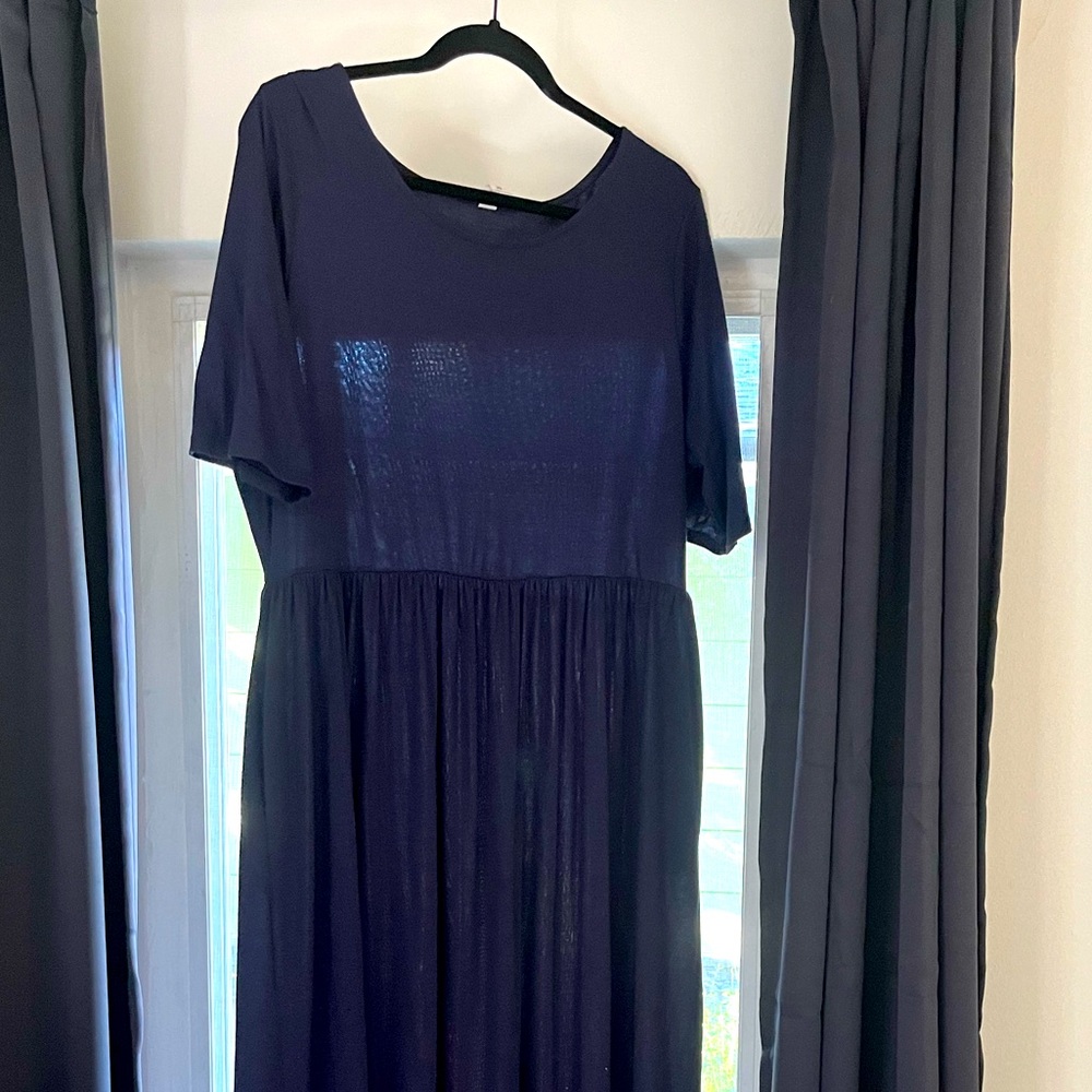 Navy Blue Knit Maxi Dress with Pockets